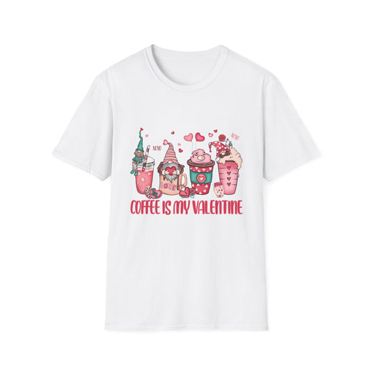 Adorable Coffee is My Valentine Gnomes T-Shirt | Whimsical Hearts & Coffee Lover Tee | Funny Anti-Valentine Gift