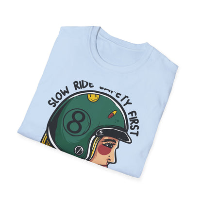 Vibrant Biker Girl Helmet T-Shirt | "Slow Ride Safety First" Retro Motorcycle Rider Tee for Women