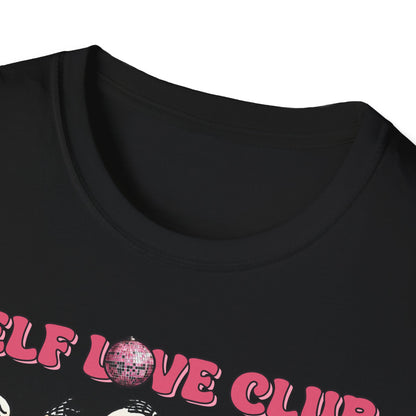 Groovy Self Love Club T-Shirt | Empowering Dancing Skeletons & Disco Ball Design | Trendy & Unique Top