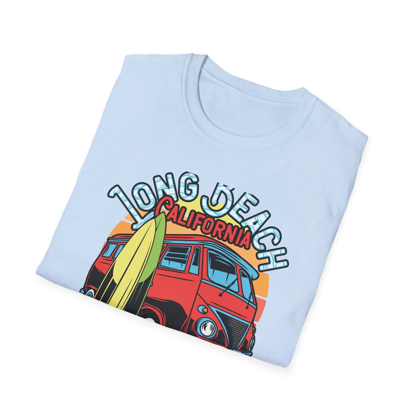Vintage Long Beach California Surfing Paradise T-Shirt | Retro VW Bus & Surfboard Beach Lover Tee | Cool Summer Vacation Gift