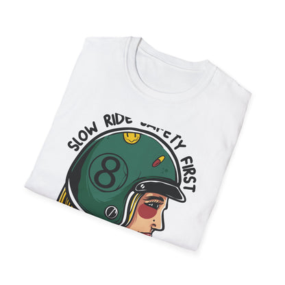 Vibrant Biker Girl Helmet T-Shirt | "Slow Ride Safety First" Retro Motorcycle Rider Tee for Women