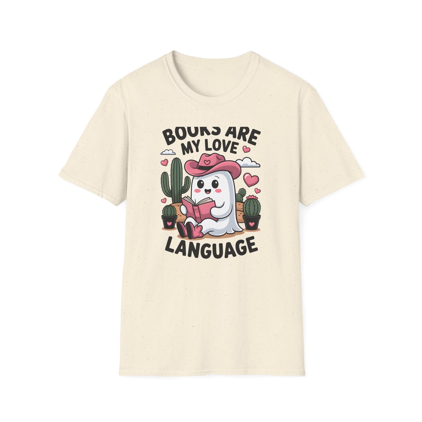 Adorable Reading Ghost T-Shirt | “Books Are My Love Language” Pink Cowboy Ghost Tee | Unique Book Lover Gift