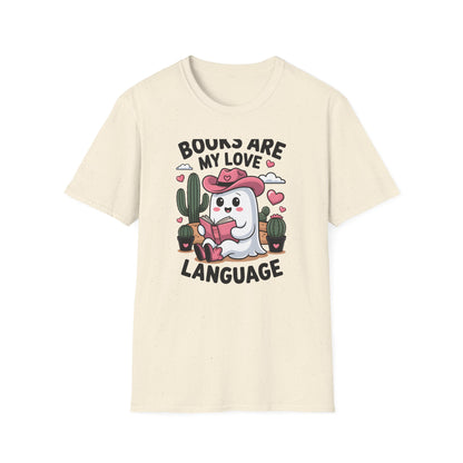 Adorable Reading Ghost T-Shirt | “Books Are My Love Language” Pink Cowboy Ghost Tee | Unique Book Lover Gift