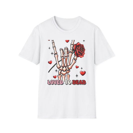 Unleash Your Dark Romance: 'Loved to Dead' Skeleton Rock Hand Rose T-Shirt | Edgy Gothic Valentine's Gift