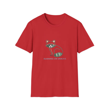 Hilarious 'Running on Snacks' Raccoon T-Shirt - Cozy Embroidered Style Animal Lover Tee, Perfect Gift!