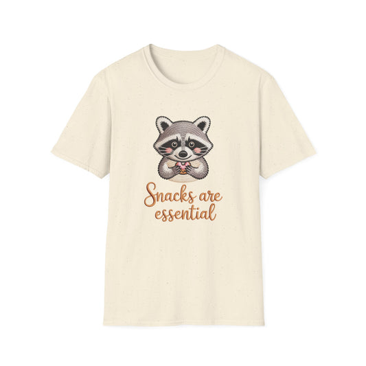 Adorable Raccoon "Snacks are Essential" T-Shirt | Cute Foodie Animal Lover Tee | Comfy Unique Gift Idea