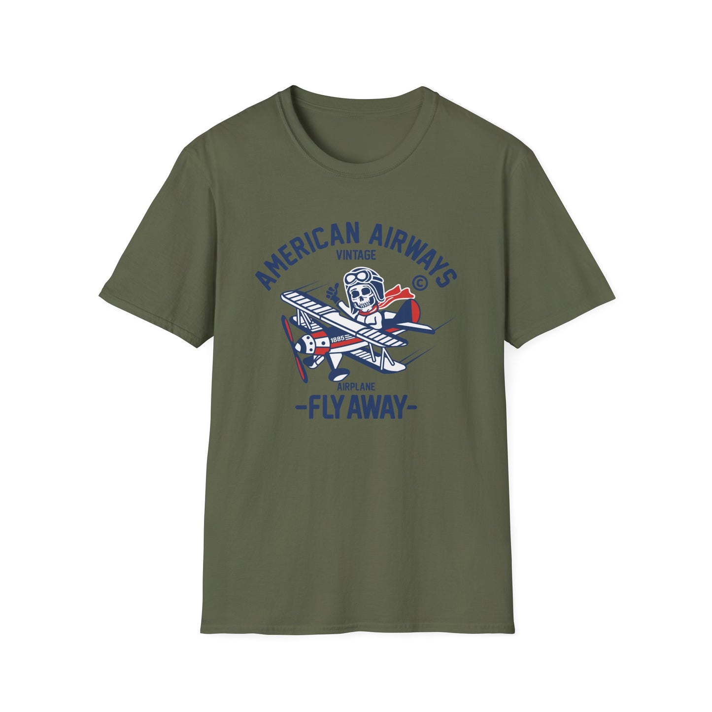 Vintage Skeleton Pilot Biplane T-Shirt - American Airways Fly Away Retro Aviation & Thrilling Thumbs Up Tee