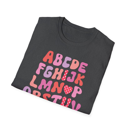 Vibrant Groovy Alphabet T-Shirt | Cute Heart Letter Retro Aesthetic Tee | Fun Teacher & Valentine's Day Gift