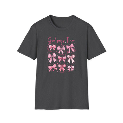 Powerful "God Says I Am" Christian T-Shirt for Women | Inspiring Bible Verse & Pink Bows Tee | Empowering Faith Gift