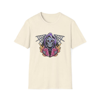 Striking Grim Reaper Broken Heart T-Shirt | Edgy Skull & Flames Tee | Gothic Macabre Streetwear | Bold & Unique Style