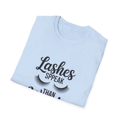 Chic 'Lashes Speak Than Words' T-Shirt | Glamorous Eyelash Design Tee for Beauty Lovers & Makeup Artists