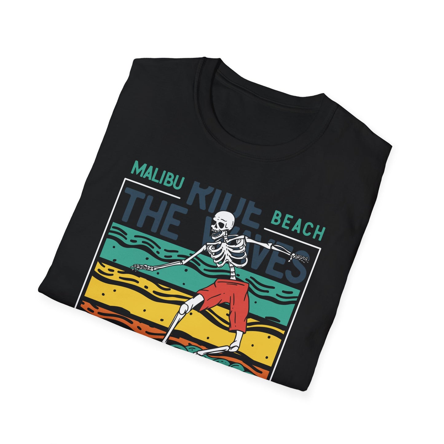 Epic Malibu Skeleton Surfer T-Shirt - Ride The Waves California Beach Retro Tee | Unique Vintage Style Surf Graphic