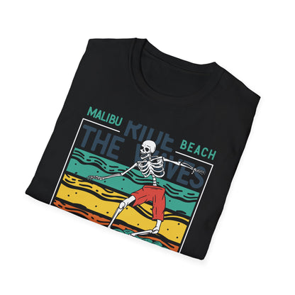 Epic Malibu Skeleton Surfer T-Shirt - Ride The Waves California Beach Retro Tee | Unique Vintage Style Surf Graphic