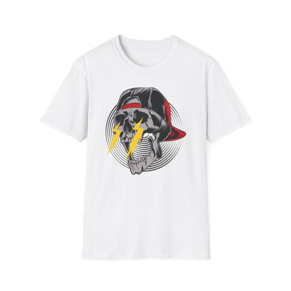 Electrifying Skull Baseball Cap T-Shirt | Edgy Urban Streetwear Tee for Rebels | Bold Graphic Design