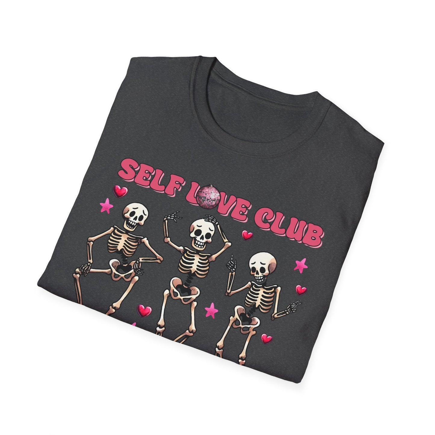 Groovy Self Love Club T-Shirt | Empowering Dancing Skeletons & Disco Ball Design | Trendy & Unique Top