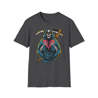 Bold Grim Reaper Heart T-Shirt | Unique Gothic Skeleton Love Tee | Edgy Macabre Statement Apparel
