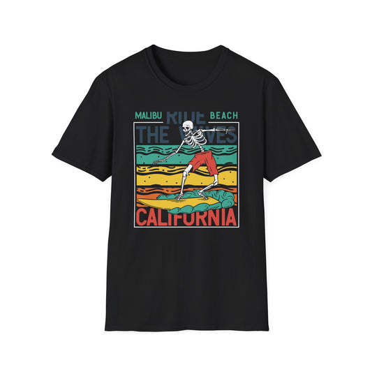 Epic Malibu Skeleton Surfer T-Shirt - Ride The Waves California Beach Retro Tee | Unique Vintage Style Surf Graphic