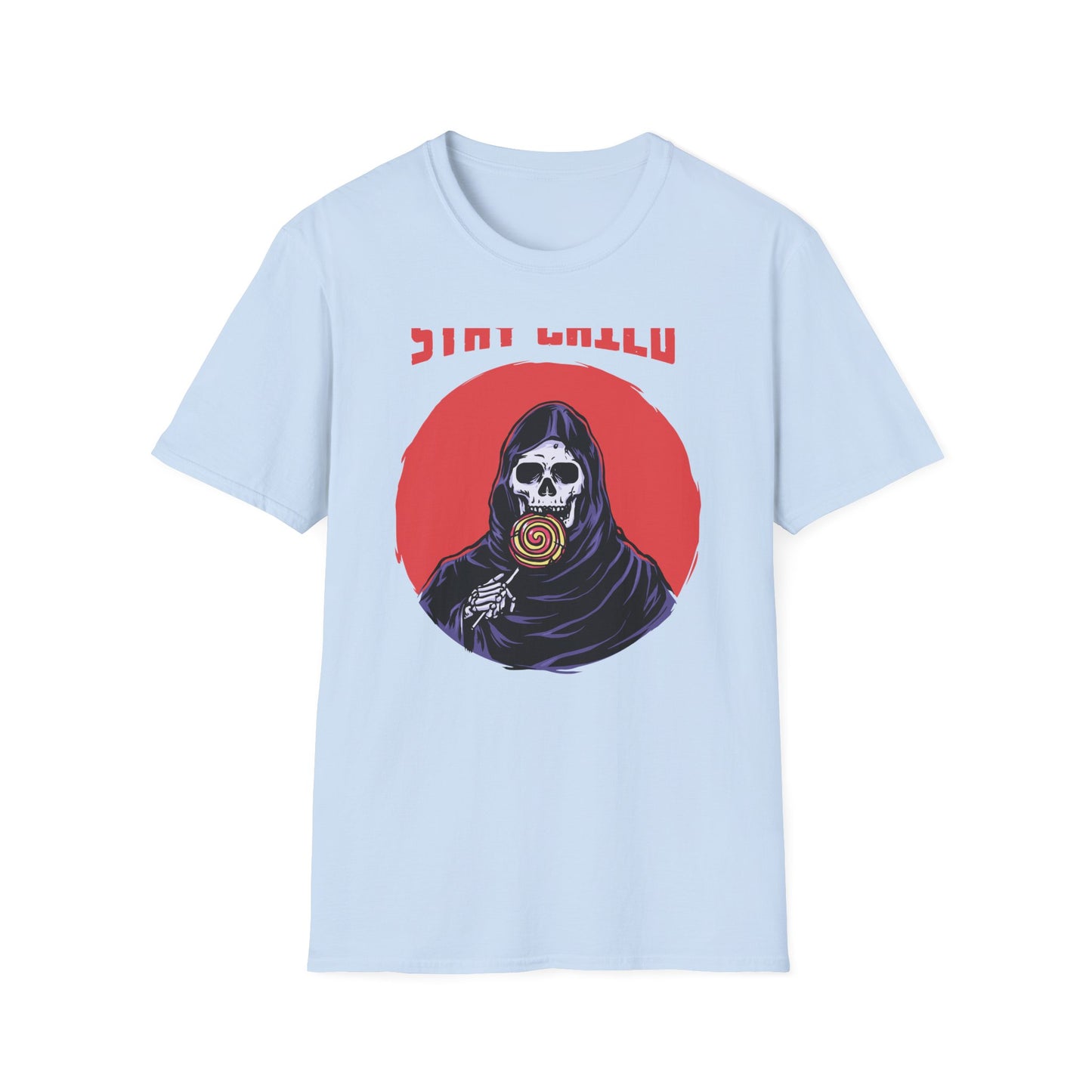 Stay Child Grim Reaper Lollipop T-Shirt | Edgy Skeleton Tee for Dark Humor & Inner Child | Unique & Vibrant Fun