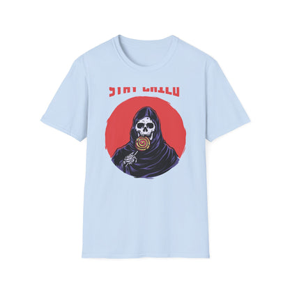 Stay Child Grim Reaper Lollipop T-Shirt | Edgy Skeleton Tee for Dark Humor & Inner Child | Unique & Vibrant Fun