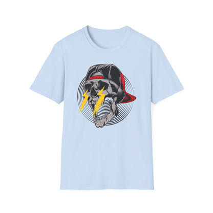 Electrifying Skull Baseball Cap T-Shirt | Edgy Urban Streetwear Tee for Rebels | Bold Graphic Design
