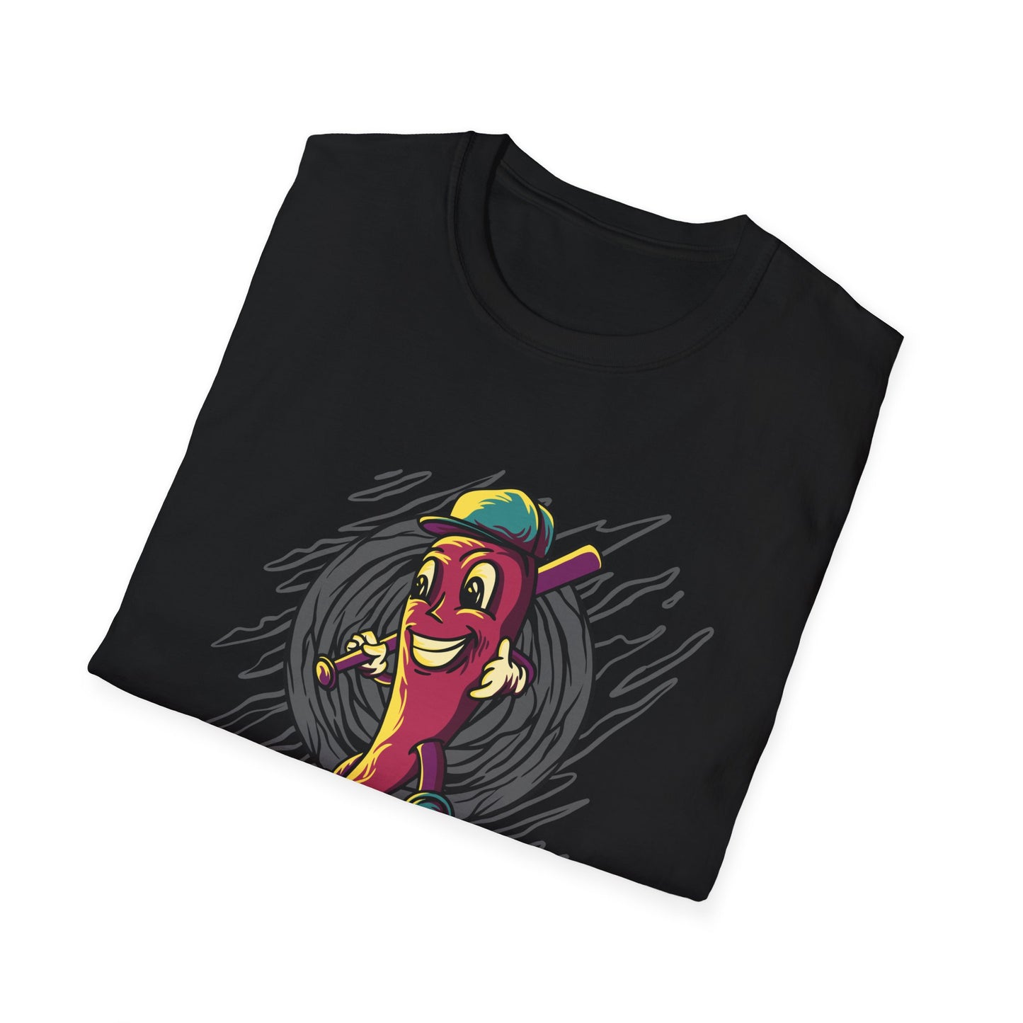 Epic Chili Pepper Baseball Player T-Shirt - Vibrant Cartoon Hot Pepper Tee for Sports Fans | Unique Game Day Apparel