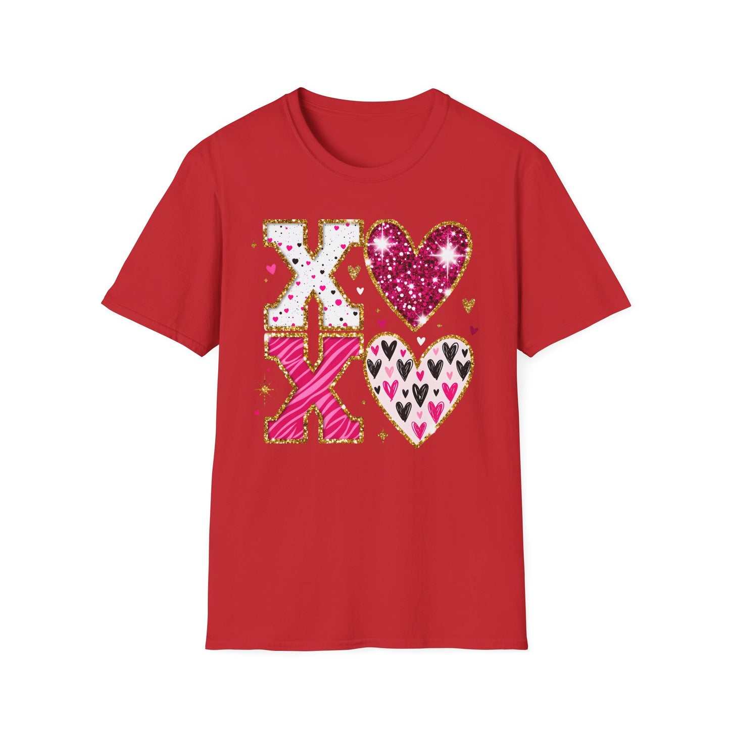 Sparkly XO Hearts T-Shirt | Adorable Pink Glitter Valentine's Day & Love Tee for Her | Hugs Kisses Style