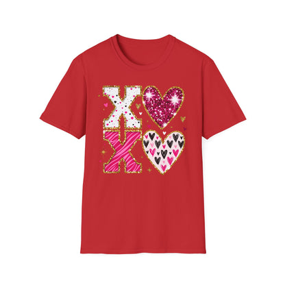 Sparkly XO Hearts T-Shirt | Adorable Pink Glitter Valentine's Day & Love Tee for Her | Hugs Kisses Style