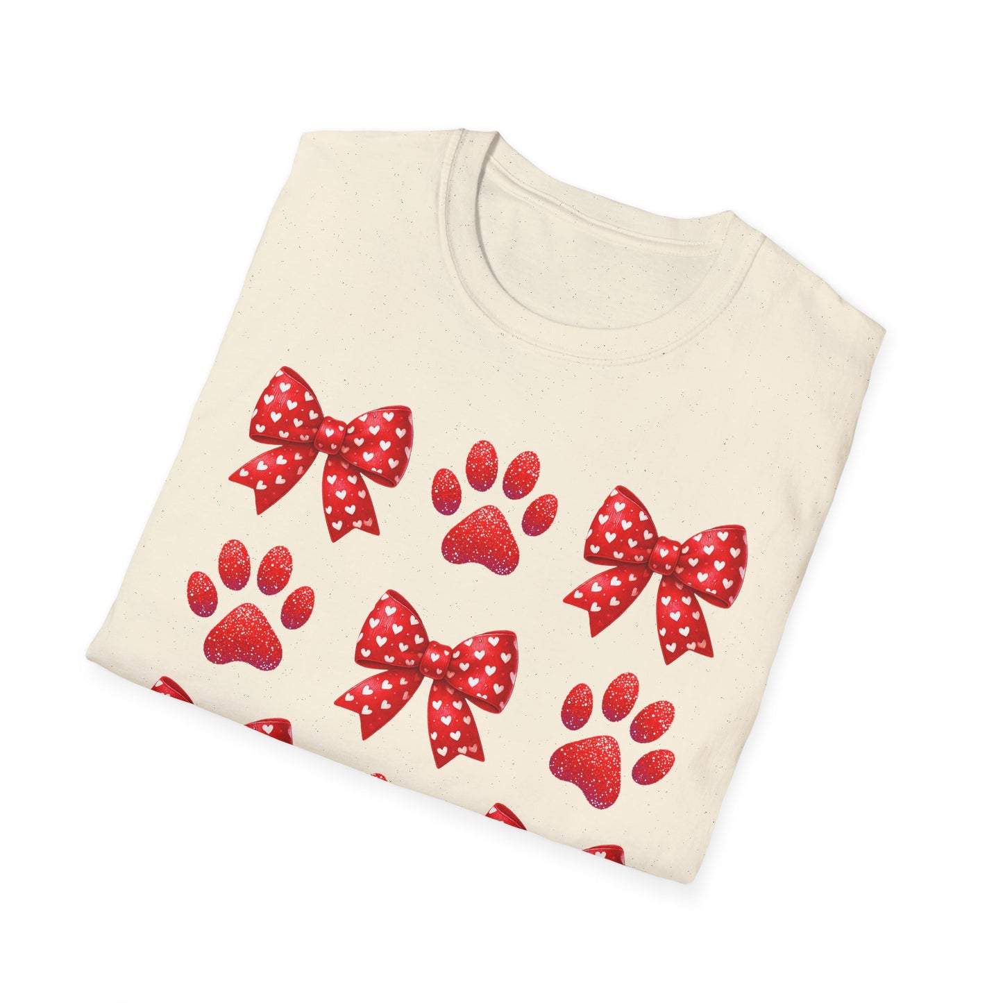 Charming Pet Love T-Shirt: Red Heart Bows & Glitter Paw Prints | Valentine's Day Animal Lover Tee