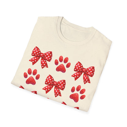 Charming Pet Love T-Shirt: Red Heart Bows & Glitter Paw Prints | Valentine's Day Animal Lover Tee