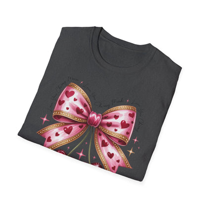 Chic Coquette Cherry Hearts Bow T-Shirt | Adorable Pink Romantic Aesthetic Tee | Sweet Valentine's Day Gift for Her