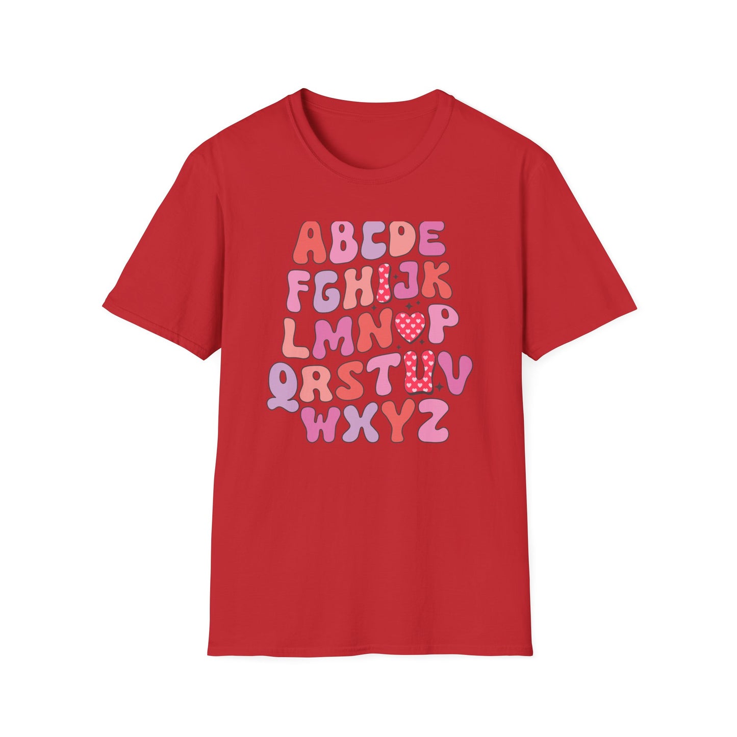 Vibrant Groovy Alphabet T-Shirt | Cute Heart Letter Retro Aesthetic Tee | Fun Teacher & Valentine's Day Gift