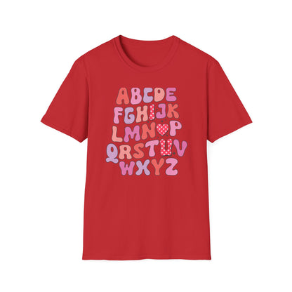 Vibrant Groovy Alphabet T-Shirt | Cute Heart Letter Retro Aesthetic Tee | Fun Teacher & Valentine's Day Gift