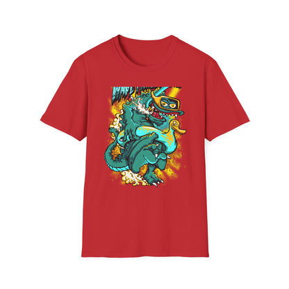 Epic 'WAVE I'M COMING' Monster T-Shirt - Hilarious Swimming Dragon & Duck Float Graphic Tee for Summer Fun & Beach Adventures