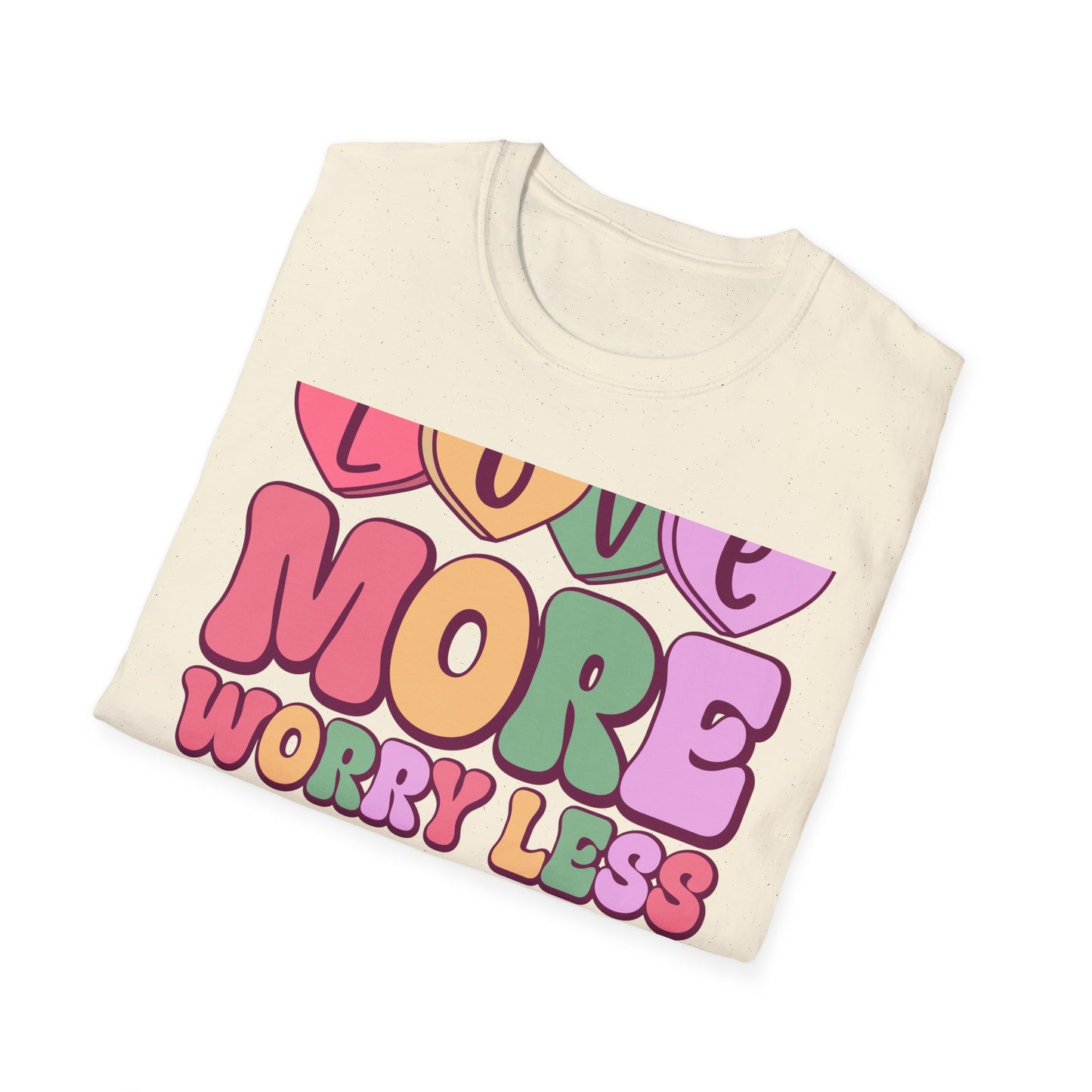 Retro Love More Worry Less T-Shirt - Groovy Candy Hearts & Positive Message Tee for Women & Teens | Inspiring Vibes
