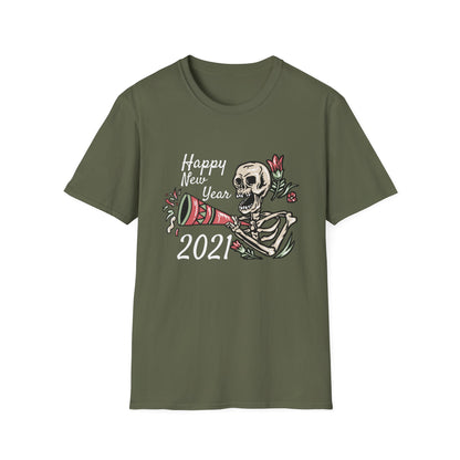 Vibrant Party Skeleton T-Shirt - Fun Quirky Floral Horn Blasting Graphic Tee