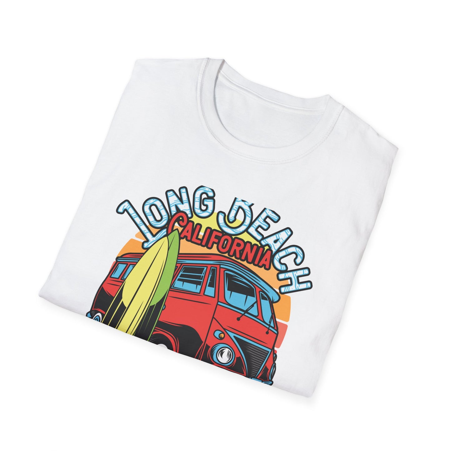 Vintage Long Beach California Surfing Paradise T-Shirt | Retro VW Bus & Surfboard Beach Lover Tee | Cool Summer Vacation Gift
