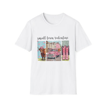 Charming Small Town Valentine T-Shirt | Cute Highland Cow, Pink Truck & Cowboy Boots | Adorable Romantic Gift for Her
