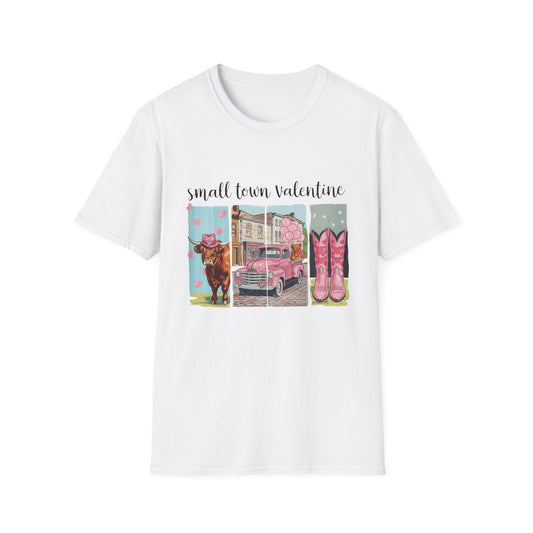Charming Small Town Valentine T-Shirt | Cute Highland Cow, Pink Truck & Cowboy Boots | Adorable Romantic Gift for Her
