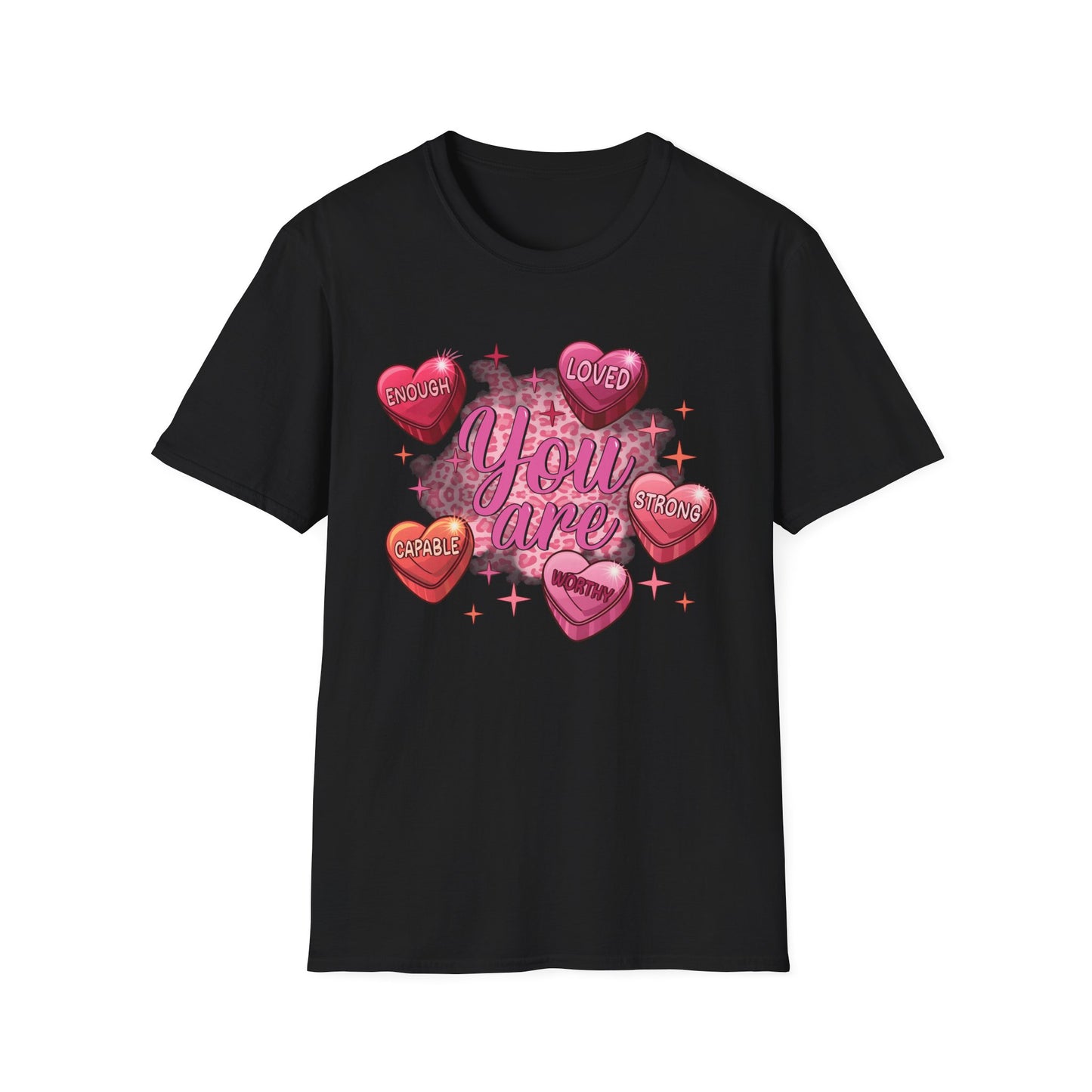 Vibrant 'You Are' Empowering T-Shirt | Self-Love Conversation Hearts & Leopard Print Tee for Women & Girls | Positive Affirmation Gift