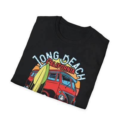 Vintage Long Beach California Surfing Paradise T-Shirt | Retro VW Bus & Surfboard Beach Lover Tee | Cool Summer Vacation Gift