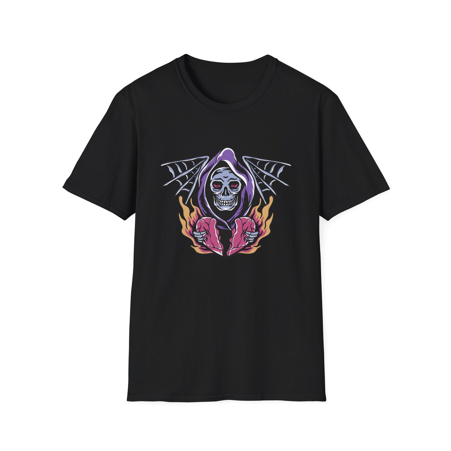 Striking Grim Reaper Broken Heart T-Shirt | Edgy Skull & Flames Tee | Gothic Macabre Streetwear | Bold & Unique Style