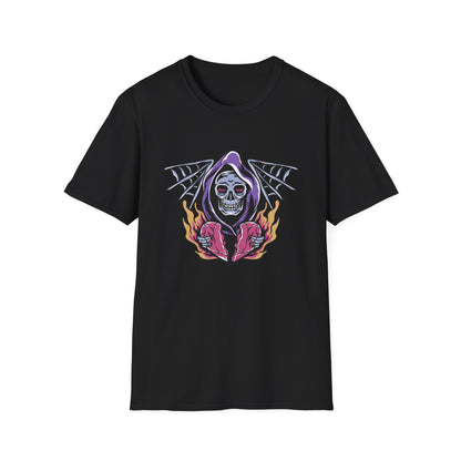 Striking Grim Reaper Broken Heart T-Shirt | Edgy Skull & Flames Tee | Gothic Macabre Streetwear | Bold & Unique Style