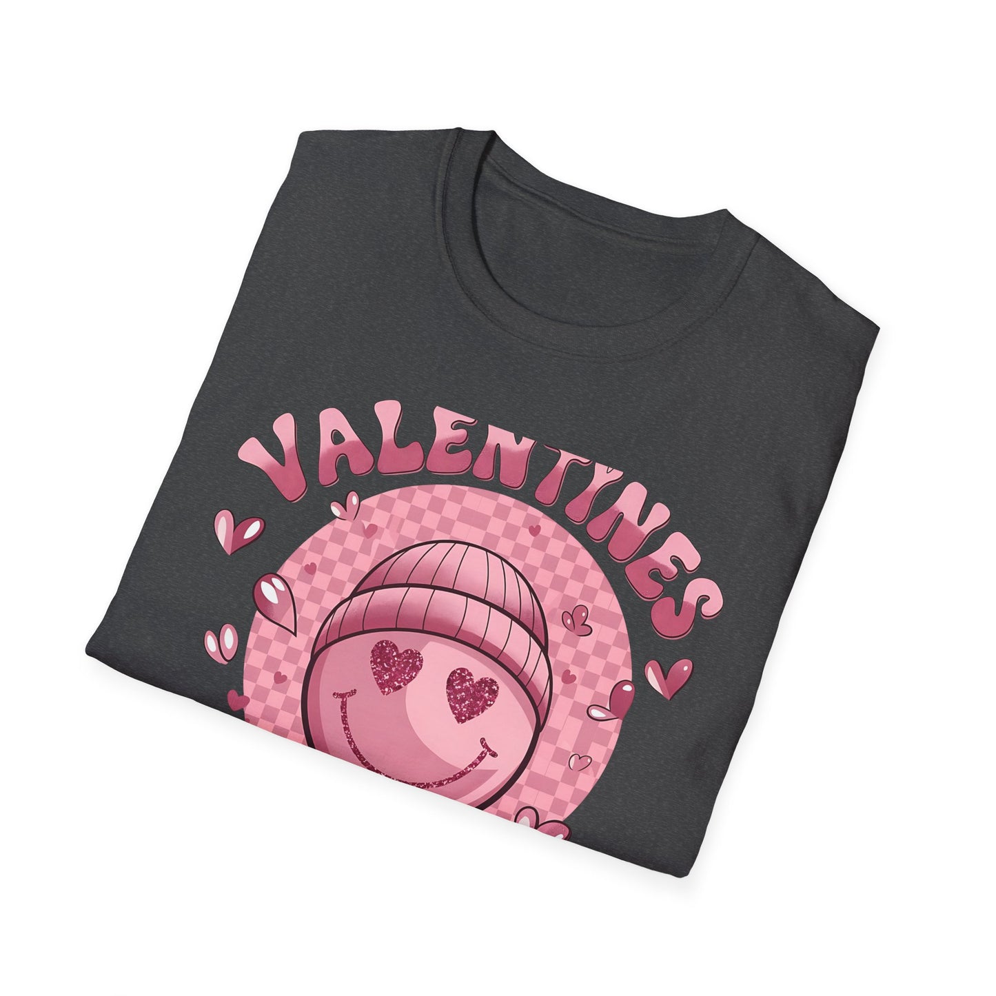 Sparkly Heart Eyes Smiley Valentines Vibes T-Shirt | Trendy Groovy Pink Love Tee for Her