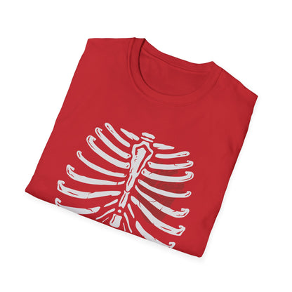 Striking "Live In Death" Skeleton Rib Cage & Red Heart T-Shirt | Unique Anatomical Goth Tee | Deep Meaning Statement Apparel