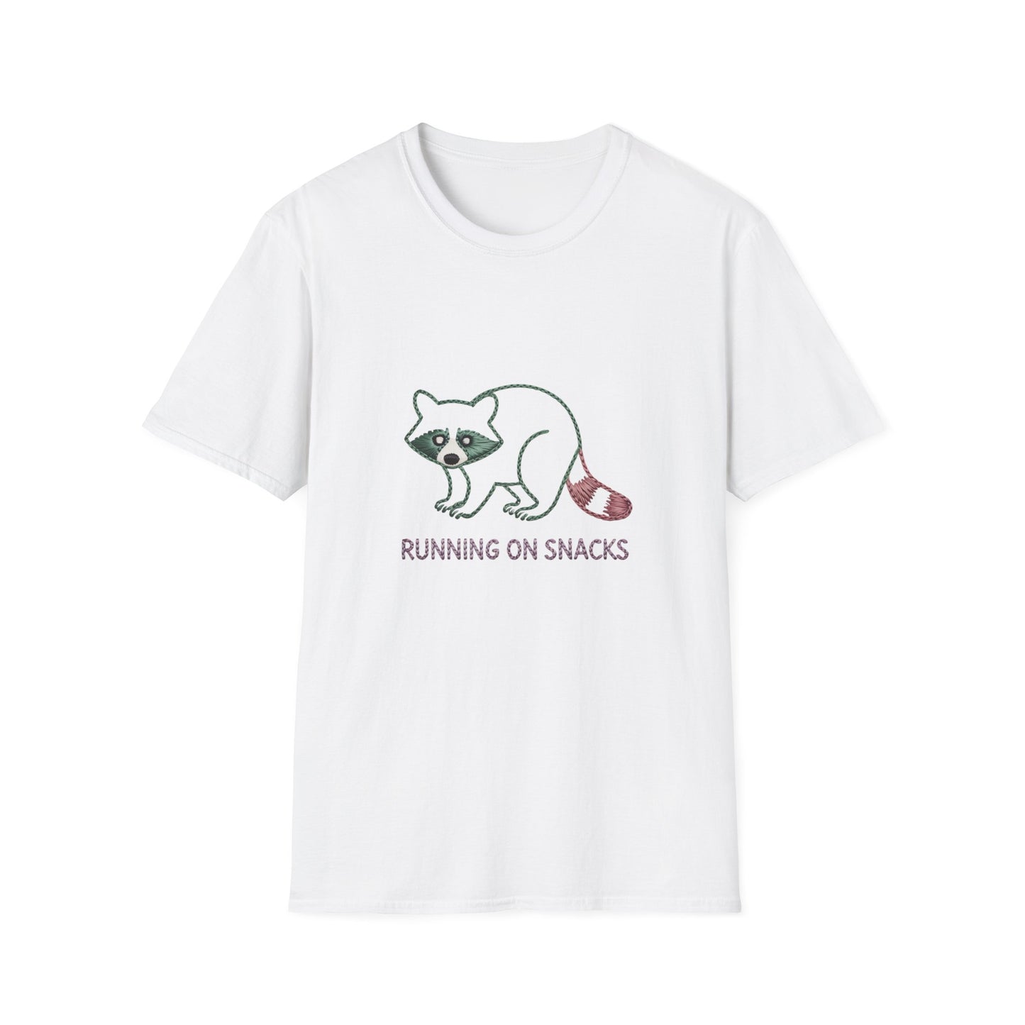 Hilarious Raccoon Running On Snacks T-Shirt | Unique Embroidered Style Animal Lover Tee | Funny Foodie Gift