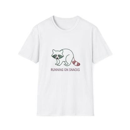 Hilarious Raccoon Running On Snacks T-Shirt | Unique Embroidered Style Animal Lover Tee | Funny Foodie Gift