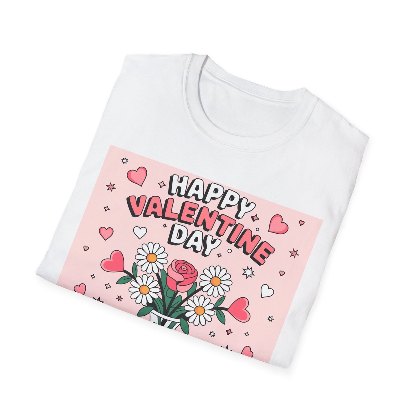 Happy Valentine's Day Floral T-Shirt | Retro Hearts & Daisy Bouquet Tee | Sweet Romantic Gift Idea
