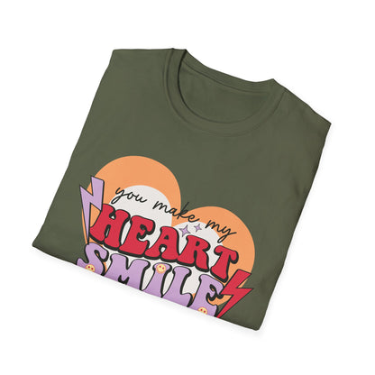 Trendy Groovy 'You Make My Heart Smile' Retro T-Shirt | Charming Aesthetic Love & Happy Face Valentine's Gift Tee