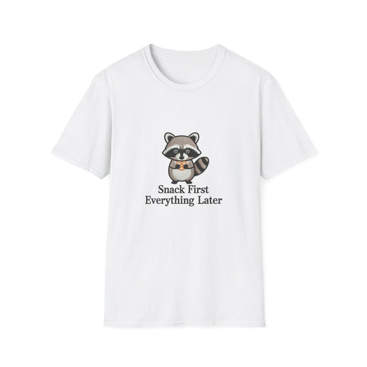 Cute Raccoon Pretzel T-Shirt - "Snack First Everything Later" Funny Foodie Animal Tee | Hilarious Comfort Lover Gift