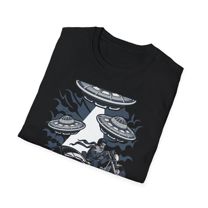 Epic Alien Invasion Biker VW Beetle T-Shirt | Unique Sci-Fi Chopper Car Lover Gift Tee
